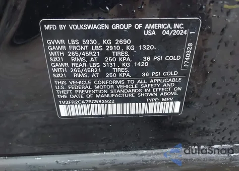 2024 Volkswagen Atlas 2.0T Sel Premium R-Line z USA, uszkodzony, nr VIN 1V2FR2CA7RC583922